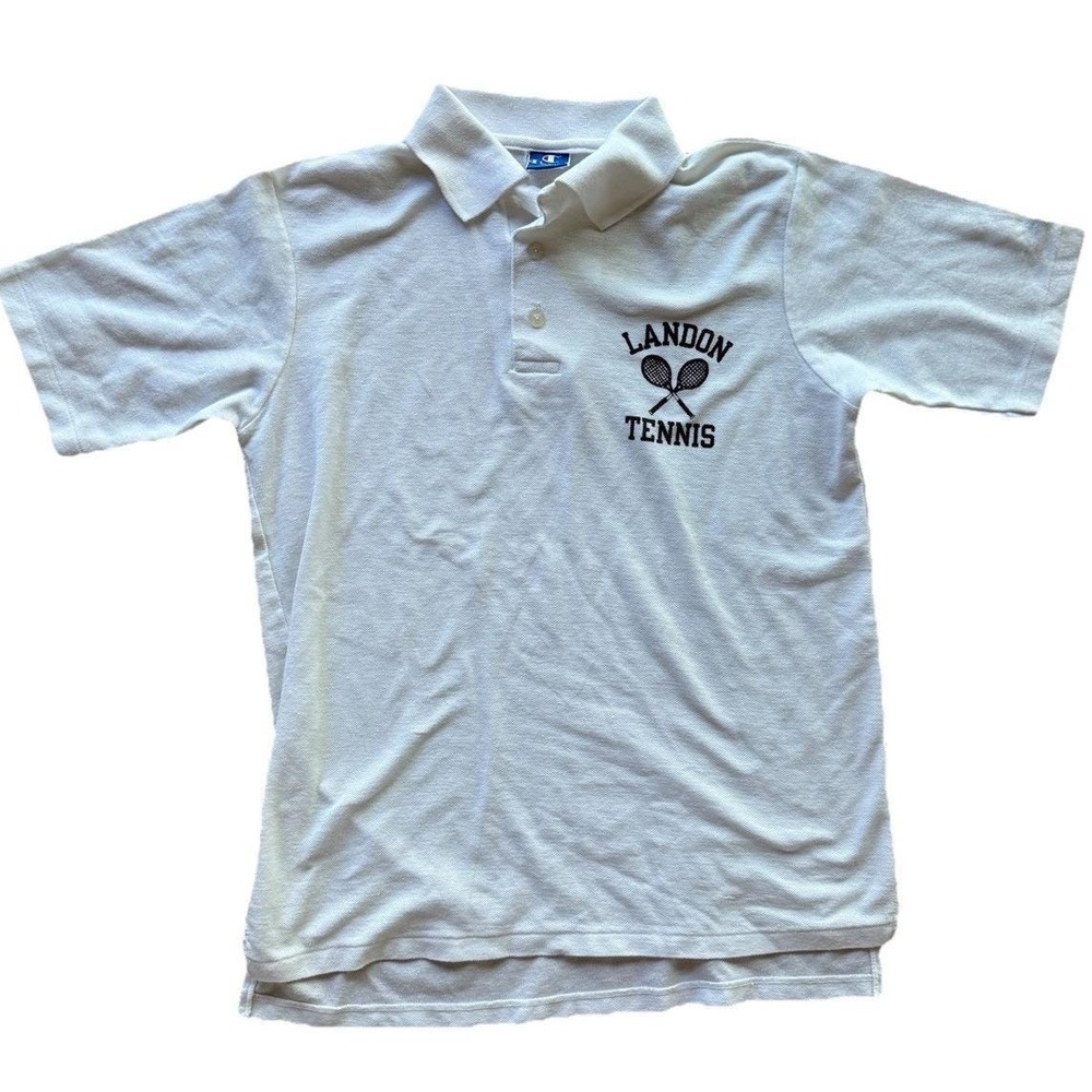 VTG 80s Champion Landon Tennis Polo Shirt L Made in USA White Prep C Logo